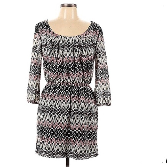 City Triangles Pink Black Chevron Scoop Neck 3/4 Sleeve Cinched Waist Dress L - Picture 1 of 6